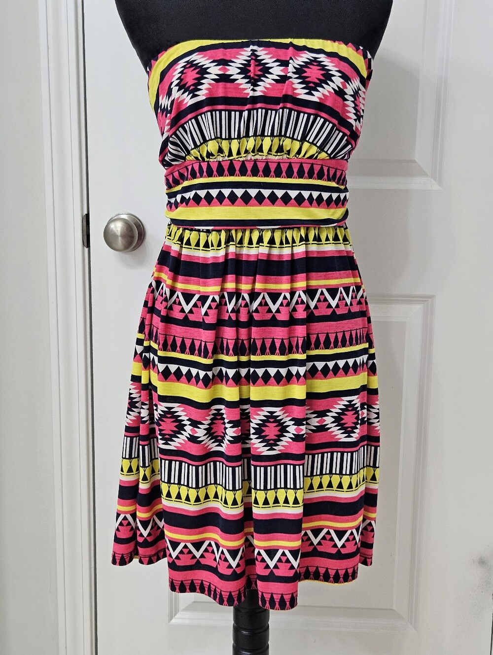 Strapless Neon Aztec Print Dress - Pink & Yellow - Size S